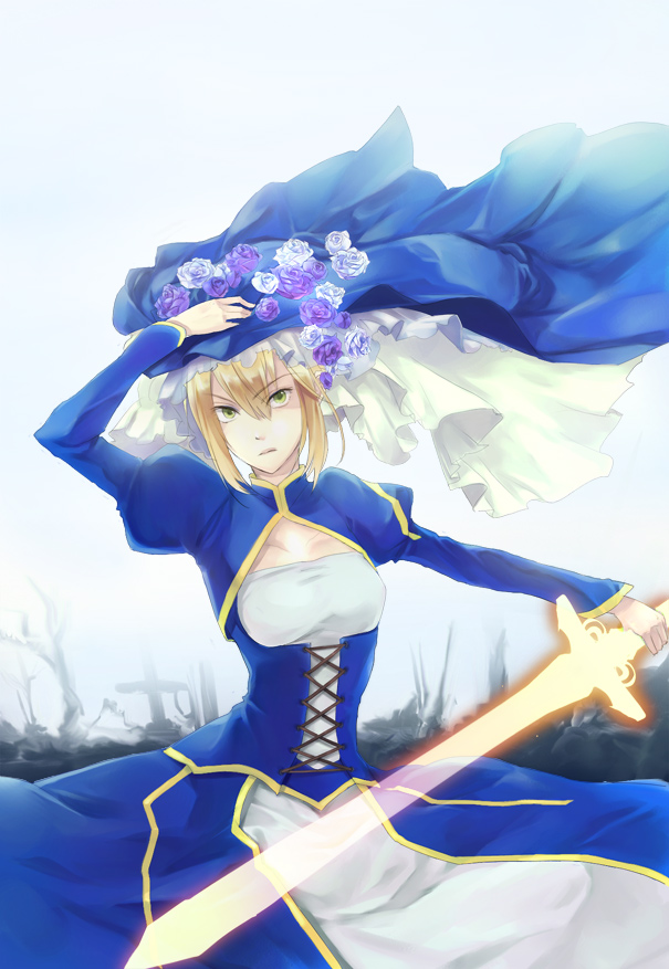 1girl, ahoge, artoria_pendragon_(fate), blonde_hair, dress, excalibur_(fate/stay_night), fate/stay_night, fate_(series), female_focus, flower, glowing, glowing_sword, glowing_weapon, green_eyes, hair_ribbon, lepta, ribbon, rose, saber_(fate), solo, sword, veil, weapon