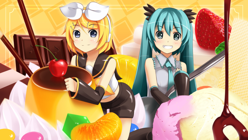 2girls, aqua_eyes, aqua_hair, bad_id, bad_pixiv_id, blonde_hair, blue_eyes, cherry
