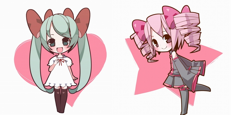2girls, aqua_hair, bad_id, bad_pixiv_id, bow, chibi, crossover, detached_sleeves, drill_hair, hair_bow, hatsune_miku, kasane_teto, kasane_teto_(utau), long_hair, multiple_girls, open_mouth, pink_hair, saitou_aki, skirt, smile, twin_drills, utau, vocaloid
