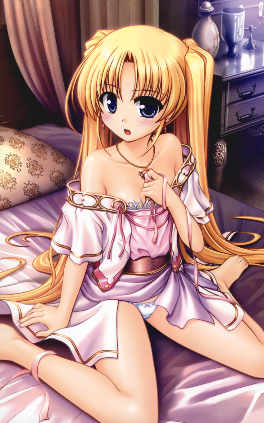 1girl, :o, absurdres, aiyoku_no_eustia, barefoot, bed, bekkankou, blonde_hair