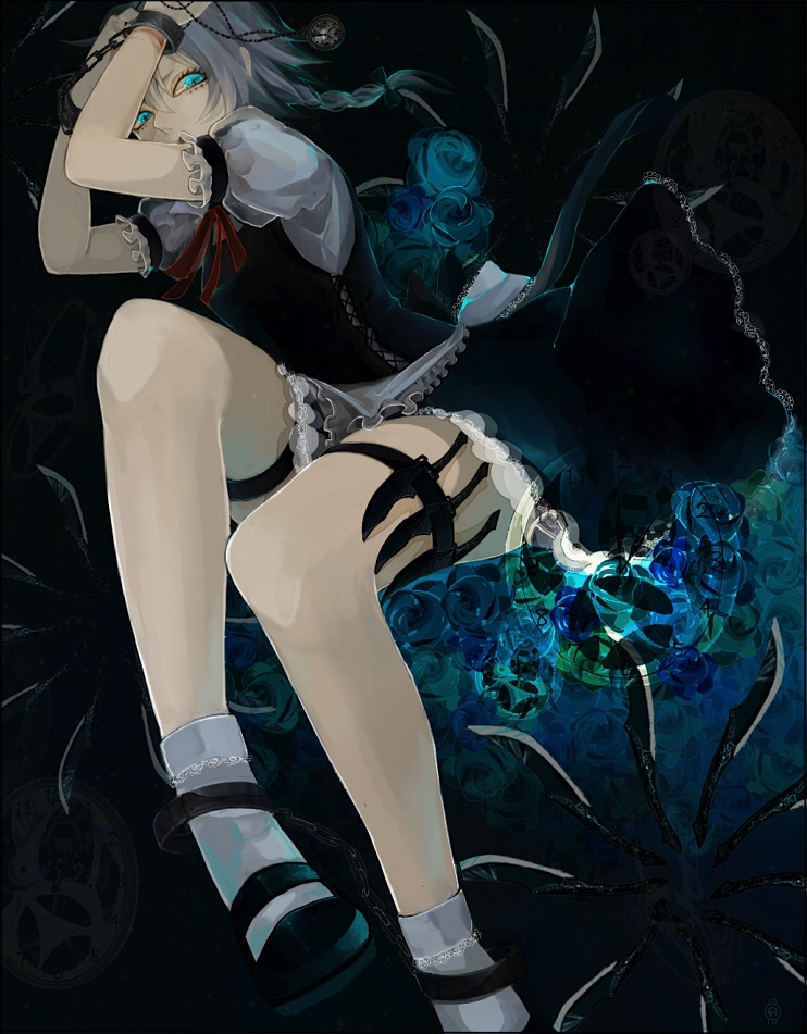 1girl, aqua_eyes, arms_up, bad_id, bad_pixiv_id, blue_eyes, blue_flower, blue_rose