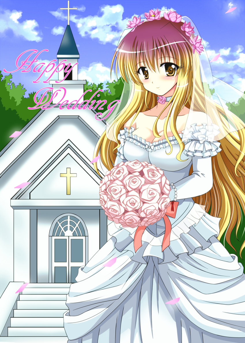 1girl, bare_shoulders, blue_sky, blush, bouquet, breasts, bridal_veil, bride, brown_eyes, choker, church, cleavage, cloud, day, dress, female_focus, flower, gradient_hair, highres, hijiri_byakuren, long_hair, medium_breasts, multicolored_hair, ougi_(ihayasaka), petals, sky, smile, solo, touhou, veil, wedding, wedding_dress, white_dress