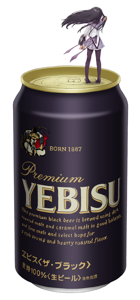 10s, 1girl, akemi_homura, akemi_homura_(magical_girl), alcohol, back, bad_id, bad_pixiv_id, beer, beer_can, black_hair, black_theme, can, drink_can, ebisu_(mythology), female_focus, from_behind, hand_in_own_hair, long_hair, mahou_shoujo_madoka_magica, mahou_shoujo_madoka_magica_(anime), nucomas, oversized_object, pantyhose, realistic, simple_background, solo, standing, standing_on_object, white_background, yebisu
