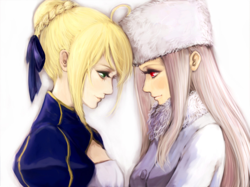 2girls, ahoge, artoria_pendragon_(fate), bad_id, bad_pixiv_id, blonde_hair, dress, eye_contact