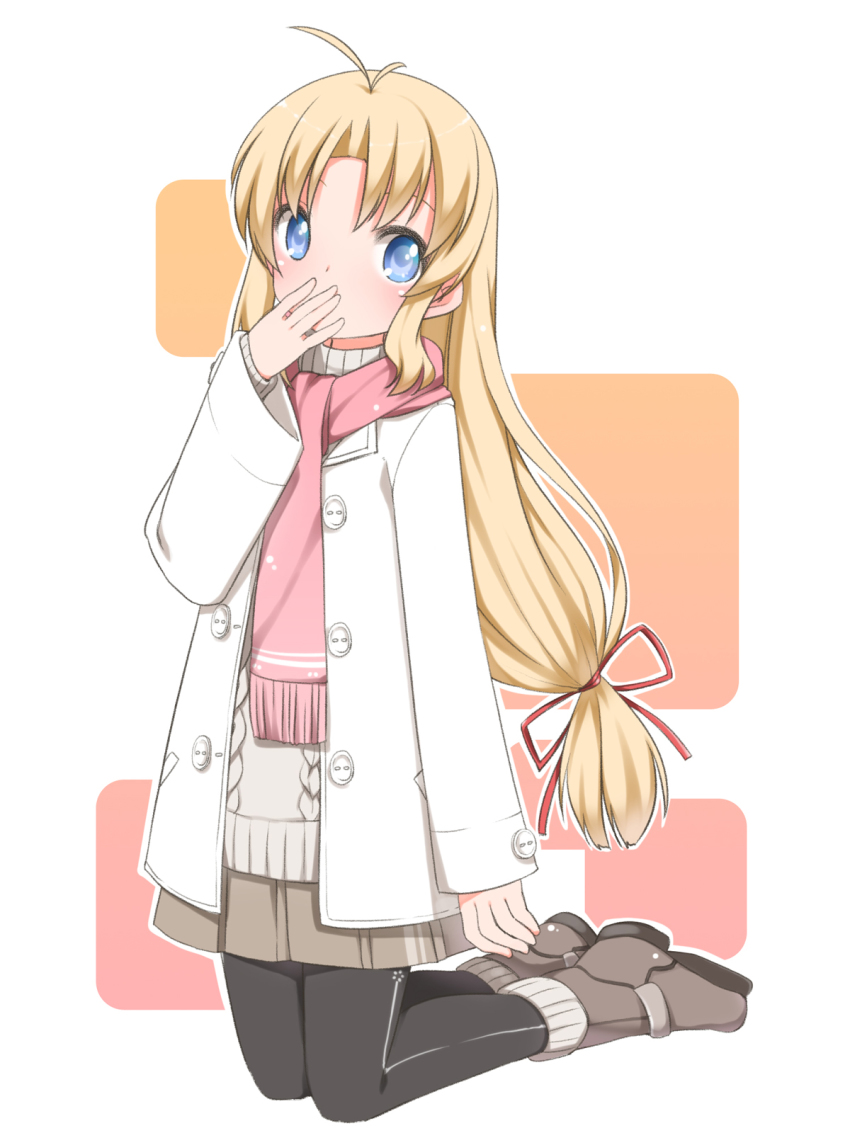 1girl, aquaplus_(company), black_pantyhose, blonde_hair, blue_eyes, buttons, female_focus, hair_ribbon