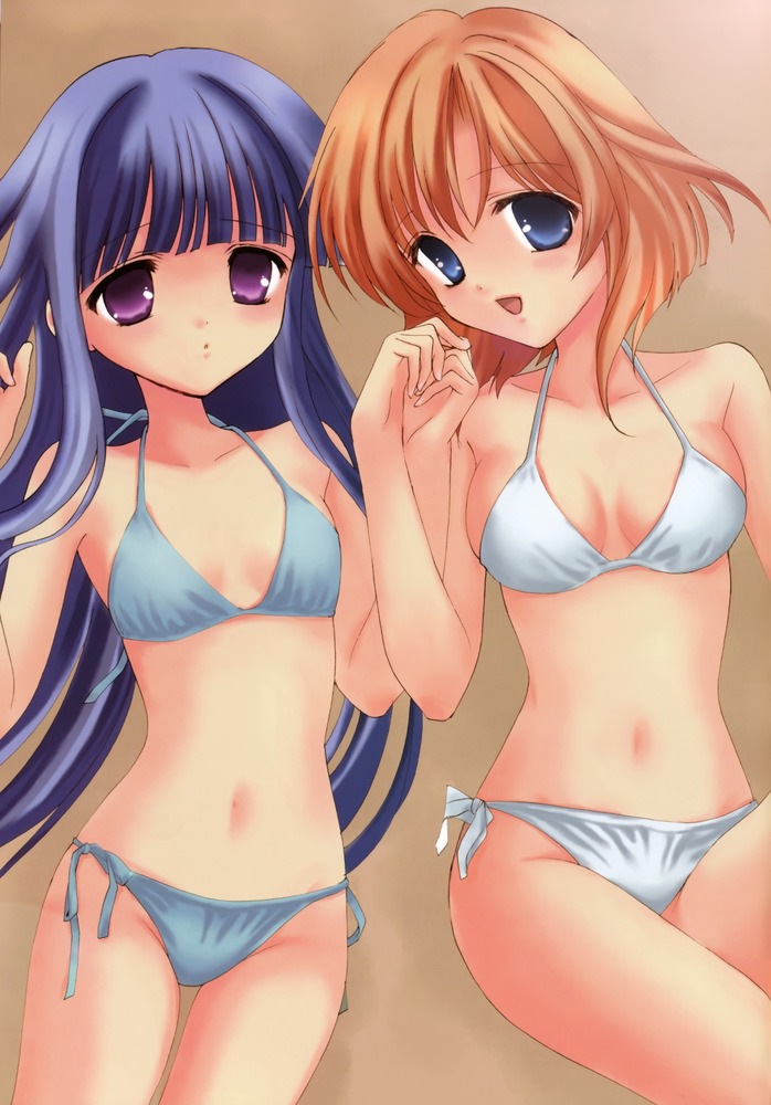 2girls, bikini, blue_eyes, blue_hair, flat_chest, furude_rika, higurashi_no_naku_koro_ni, holding_hands