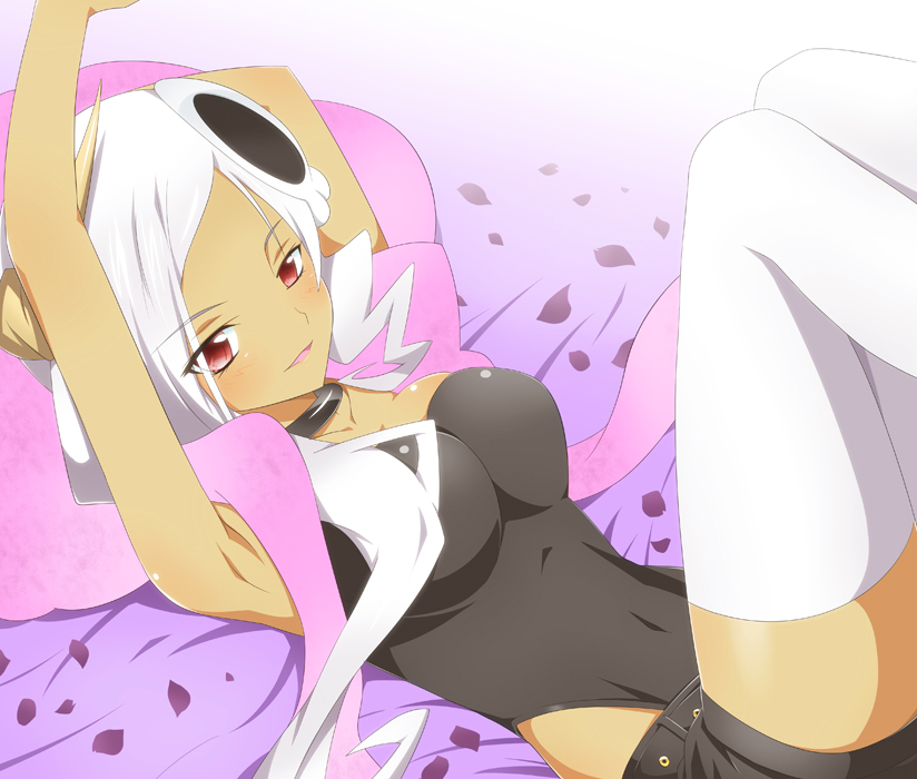 1girl, armpits, arms_up, breasts, choker, dark-skinned_female, dark_skin, female_focus, hair_ornament, kami_nomi_zo_shiru_sekai, large_breasts, leotard, long_hair, lying, nora_floriann_leoria, red_eyes, scarf, shorts, skull_hair_ornament, solo, thighhighs, white_hair, white_thighhighs, yuto_(dialique), zettai_ryouiki