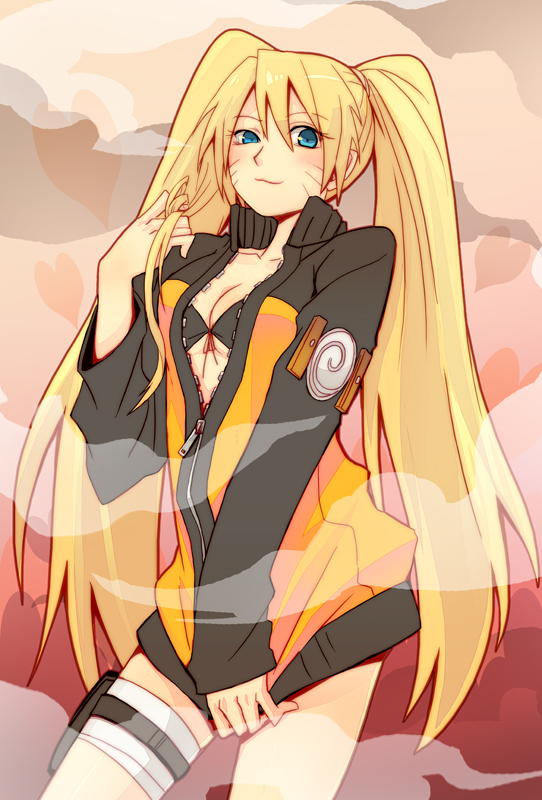 1girl, :3, bandages, blonde_hair, blue_eyes, breasts, cleavage, facial_mark, female_focus, genderswap, genderswap_(mtf), holster, jacket, long_hair, looking_at_viewer, naruko_(naruto), naruto_(classic), naruto_(series), open_clothes, open_jacket, retpa, shirt_tug, solo, standing, thigh_holster, twintails, twirling_hair, uzumaki_naruto, very_long_hair, zipper