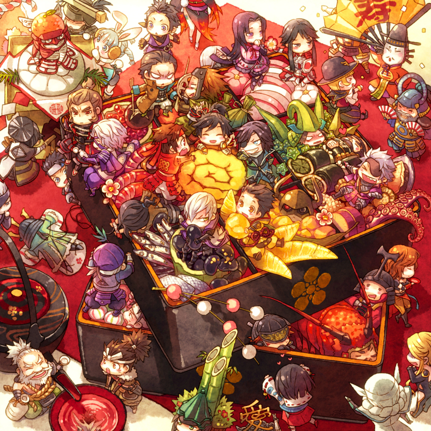 >_<, 6+boys, 6+girls, =_=, ^_^, abalone, akechi_mitsuhide_(sengoku_basara), alcohol, amago_haruhisa_(sengoku_basara), anegakoji_yoritsuna_(sengoku_basara), animal_ears, antennae, armor, azai_nagamasa_(sengoku_basara), bamboo, bandages, beard, bento, black_hair, blonde_hair, blush, braid, brown_hair, chibi, chosokabe_motochika_(sengoku_basara), closed_eyes, closed_mouth, cup, date_masamune_(sengoku_basara), everyone, eyepatch, facial_hair, fish, flower, food, fuuma_kotarou_(sengoku_basara), grin, hand_fan, heart, helmet, highres, holding, holding_food, honda_tadakatsu_(sengoku_basara), houjou_ujimasa_(sengoku_basara), imagawa_yoshimoto_(sengoku_basara), ishida_mitsunari_(sengoku_basara), itsuki_(sengoku_basara), japanese_armor, jug_(bottle), kabuto_(helmet), kadomatsu, kasuga_(sengoku_basara), katakura_kojuurou_(sengoku_basara), kobayakawa_yutaka_(sengoku_basara), kuroda_kanbei_(sengoku_basara), kusazuri, lobster, long_hair, lotus_root, maeda_keiji_(sengoku_basara), matsunaga_hisahide_(sengoku_basara), minami_seira, miyamoto_musashi_(sengoku_basara), mogami_yoshiaki_(sengoku_basara), mori_ranmaru_(sengoku_basara), mouri_motonari_(sengoku_basara), multiple_boys, multiple_girls, mushroom, mustache, nanbu_harumasa_(sengoku_basara), naoe_kanetsugu_(sengoku_basara), missing_headwear, octopus, oda_nobunaga_(sengoku_basara), oichi_(sengoku_basara), okra, omelet, ootomo_sourin_(sengoku_basara), open_mouth, otani_yoshitsugu_(sengoku_basara), ponytail, purple_eyes, rabbit_ears, red_eyes, saika_magoichi_(sengoku_basara), sakazuki, sake, sanada_yukimura_(sengoku_basara), sarutobi_sasuke_(sengoku_basara), satake_yoshishige_(sengoku_basara), sengoku_basara, sengoku_basara_3, shimazu_yoshihiro_(sengoku_basara), short_hair, shrimp, sitting, smile, smirk, tachibana_muneshige_(sengoku_basara), takeda_shingen_(sengoku_basara), takenaka_hanbee_(sengoku_basara), tamagoyaki, tears, tokugawa_ieyasu_(sengoku_basara), toyotomi_hideyoshi_(sengoku_basara), tsundere, tsuruhime_(sengoku_basara), twin_braids, uesugi_kenshin_(sengoku_basara), utsunomiya_hirotsuna_(sengoku_basara), white_hair, youhime_(sengoku_basara), zabii_(sengoku_basara)