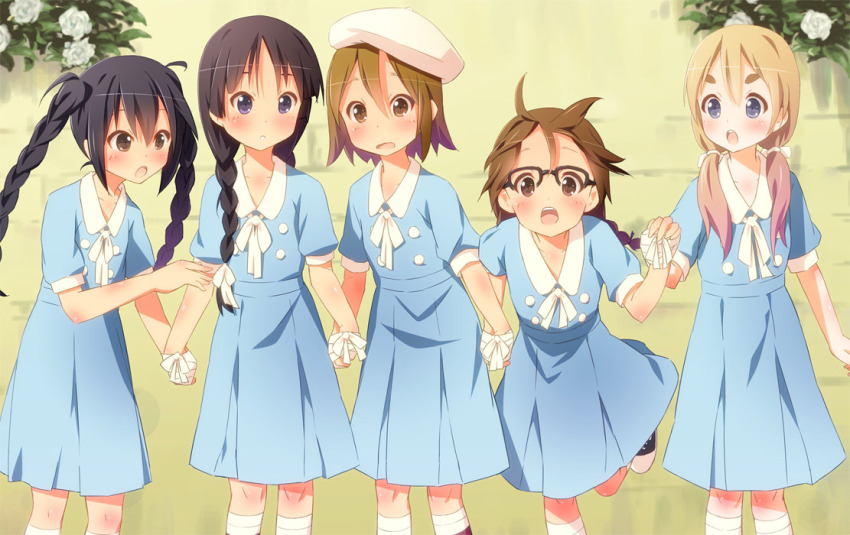 5girls, :o, akiyama_mio, alternate_hairstyle, bandages, bdsm, beret, bespectacled