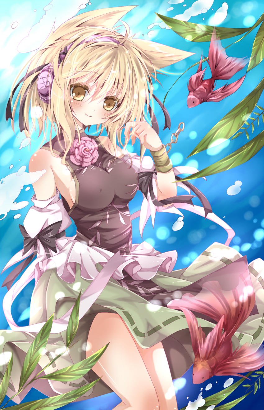 1girl, alternate_costume, arm_behind_back, arm_up, bad_id, bad_pixiv_id, bare_shoulders, blonde_hair