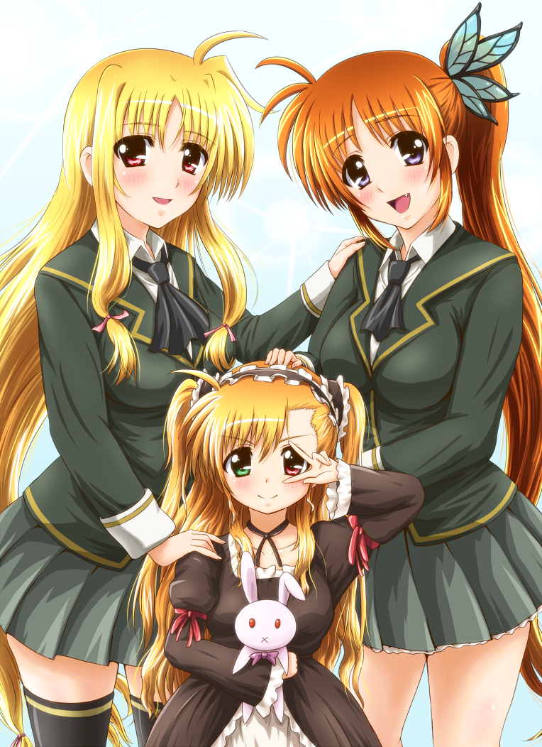 3girls, black_legwear, blonde_hair, blue_eyes, blush, boku_wa_tomodachi_ga_sukunai, brown_hair, bug, butterfly, butterfly_hair_ornament, cosplay, diesel-turbo, fang, fate_testarossa, gothic_lolita, hair_ornament, hair_ribbon, hairband, hand_on_another's_head, hand_on_shoulder, hasegawa_kobato, hasegawa_kobato_(cosplay), heterochromia, insect, kashiwazaki_sena, kashiwazaki_sena_(cosplay), lolita_fashion, lolita_hairband, long_hair, lyrical_nanoha, mahou_shoujo_lyrical_nanoha, mahou_shoujo_lyrical_nanoha_strikers, mahou_shoujo_lyrical_nanoha_vivid, mikazuki_yozora, mikazuki_yozora_(cosplay), multiple_girls, open_mouth, rabbit, red_eyes, red_ribbon, ribbon, sacred_heart, school_uniform, skirt, smile, stuffed_animal, stuffed_rabbit, stuffed_toy, takamachi_nanoha, thighhighs, twintails, two_side_up, very_long_hair, vivio