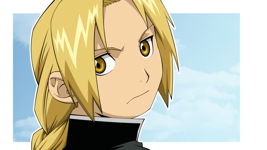 1boy, absurdres, bad_id, bad_pixiv_id, black_shirt, blonde_hair, blouse, blue_sky