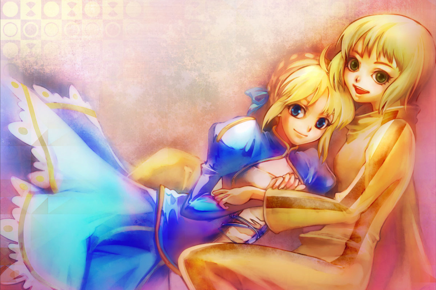 10s, 2girls, ahoge, artoria_pendragon_(fate), bad_id, bad_pixiv_id, blonde_hair, bruce_lee's_jumpsuit, chrom023, crossover, dress, fate/stay_night, fate_(series), green_eyes, hair_ribbon, huang_pao-lin, multiple_girls, puffy_sleeves, ribbon, saber_(fate), short_hair, tiger_&amp;_bunny