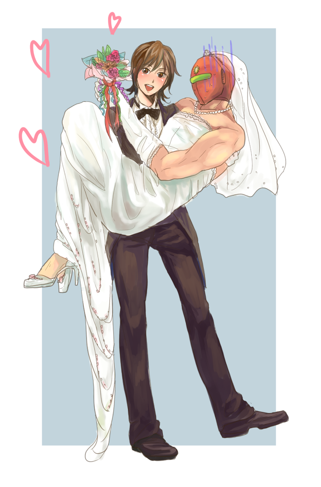 00s, 1boy, 1girl, androgynous, blush, bouquet, brown_eyes, brown_hair, carrying, closed_eyes, couple, crossdressing, dress, elbow_gloves, flower, formal_clothes, gloves, heart, helmet, hetero, high_heels, jewelry, kayoko, mask, muscular, necklace, nedime, open_mouth, princess_carry, reverse_princess_carry, reverse_trap, role_reversal, short_hair, smile, suit, sunred, tentai_senshi_sunred, uchida_kayoko, wedding, wedding_dress