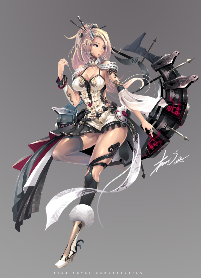 1girl, arm_up, asymmetrical_clothes, belt, blonde_hair, boots, bow_(weapon), bracelet, breasts, buttons, cleavage, clothes, detached_sleeves, easy_(easycrew), eyeshadow, female_focus, full_body, fur_boots, grey_background, grey_eyes, hair_ornament, hair_stick, hairclip, high_heels, highres, jewelry, leg_up, leotard, long_hair, looking_away, makeup, medium_breasts, original, patterned, ponytail, ring, shoes, signature, simple_background, skirt, solo, tattoo, thighhighs, watermark, weapon, web_address