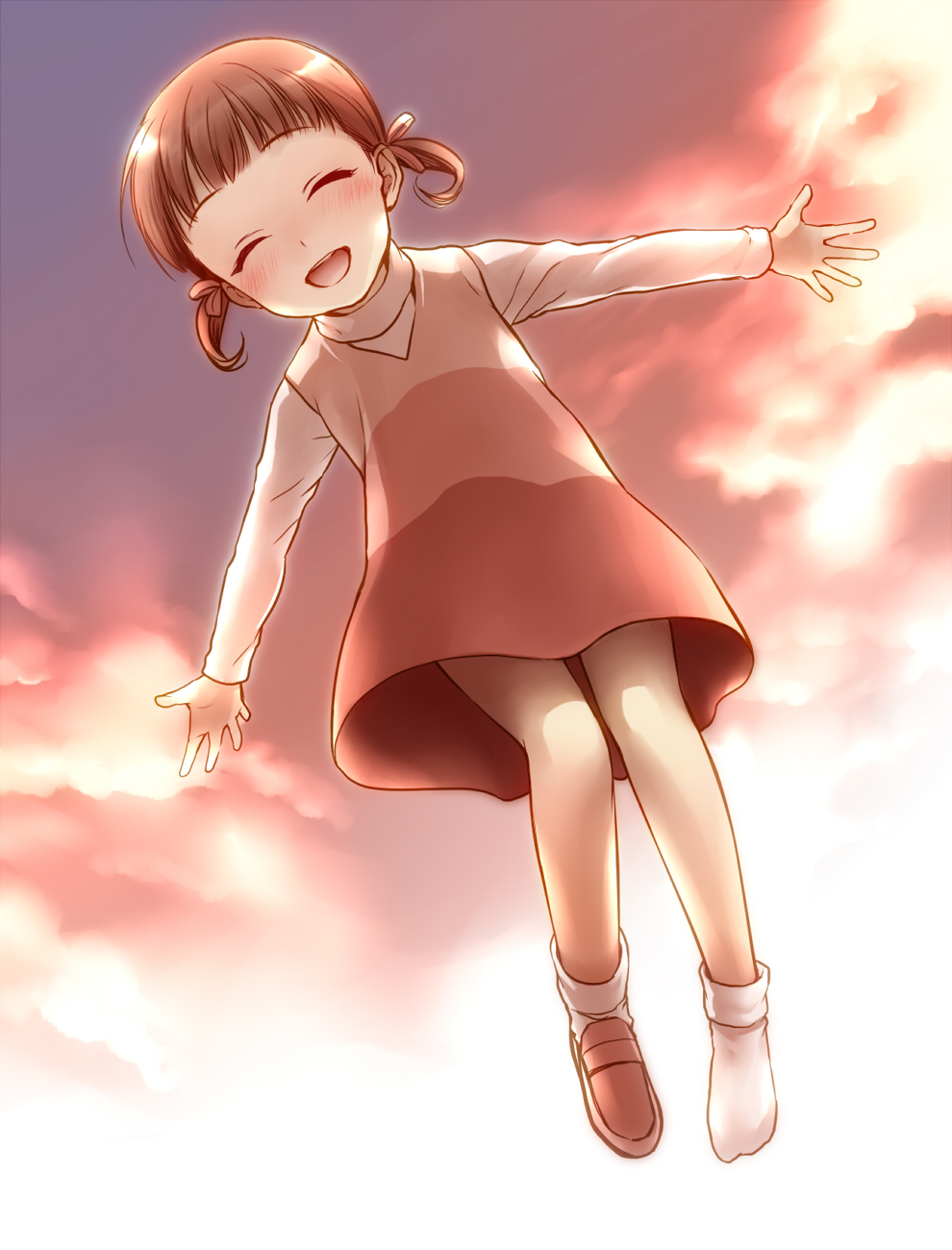 1girl, atlus, blush, brown_hair, child, closed_eyes, doujima_nanako, dress, female_focus, highres, open_mouth, outstretched_arms, persona, persona_4, shoes, short_hair, single_shoe, smile, socks, solo, spread_arms, suzaka_shina, twintails