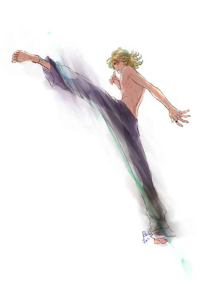 10s, 1boy, action, barefoot, barnaby_brooks_jr., blonde_hair, feet, green_eyes, jewelry, kicking, kouzuki, male_focus, no_eyewear, pants, ring, solo, split, standing, standing_on_one_leg, standing_split, tiger_&amp;_bunny, topless_male