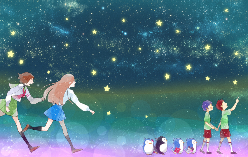 10s, 2boys, 2girls, bad_id, bird, blue_hair, bob_cut, brown_hair