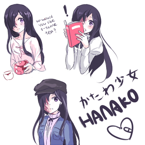 !, 10s, 1girl, akimiya, black_hair, book, newsboy_cap, casual, character_name, cup, english_text, hair_over_one_eye, hat, heart, holding, ikezawa_hanako, katawa_shoujo, long_hair, lowres, multiple_views, open_book, piano_(agneschen), purple_eyes, scar, school_uniform, shy, simple_background, teacup, teapot, text_focus, white_background