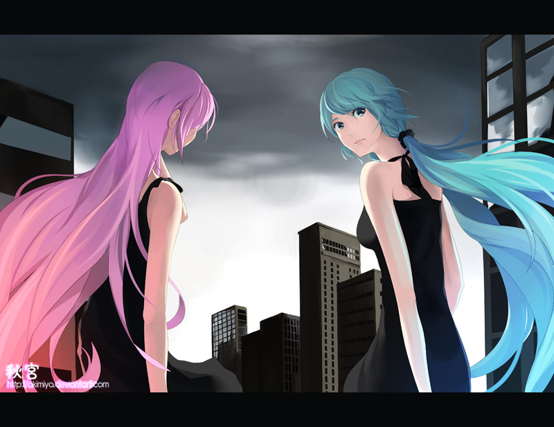 2girls, akimiya, aqua_eyes, aqua_hair, black_dress, cityscape, dark_sky, dress