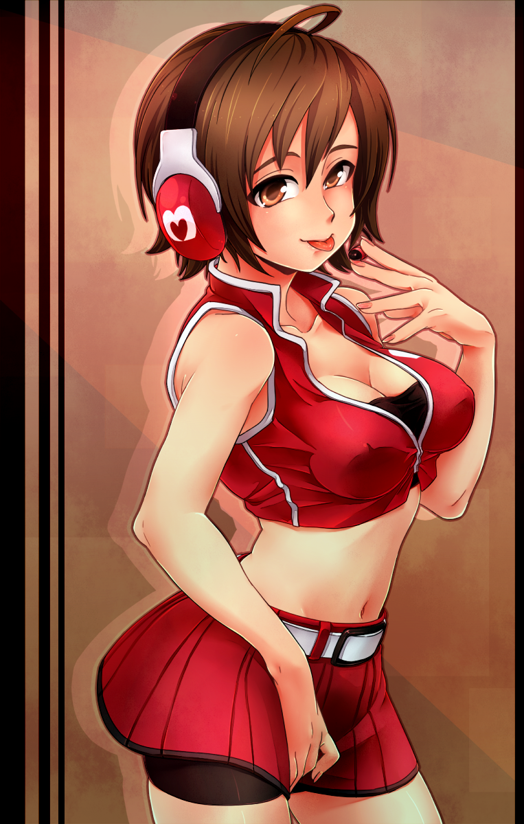 1girl, :p, ahoge, between_legs, bike_shorts, breasts, brown_eyes, brown_hair, cleavage, female_focus, hand_between_legs, headphones, highres, itsuki_(otsugei), large_breasts, looking_at_viewer, meiko_(vocaloid), midriff, navel, otsugei, short_hair, skirt, smile, solo, tongue, tongue_out, vocaloid