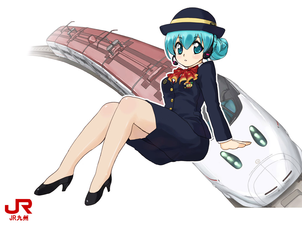 1girl, alternate_hairstyle, aqua_eyes, aqua_hair, female_focus, hat, hatsune_miku, headphones, headset, high-speed_train, japan_railways, kyushu_railway_company, multiple_unit_train, pantyhose, pencil_skirt, shinkansen, shoes, sitting, skirt, solo, tessai, train, train_attendant, travel_attendant, uniform, vocaloid