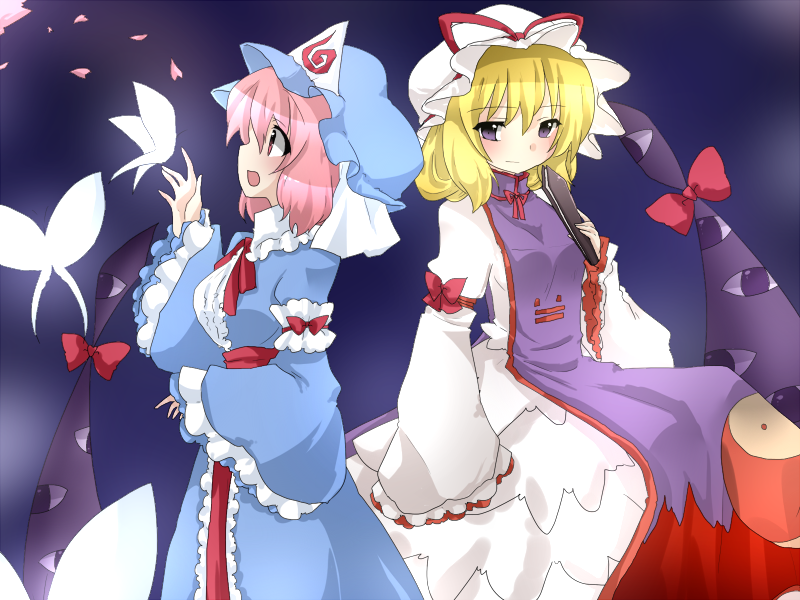 2girls, blonde_hair, bow, breasts, bug, butterfly, cherry_blossoms, folded_fan