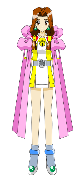 1girl, bell, belt, brown_hair, dress, female_focus, full_body, hair_over_shoulder