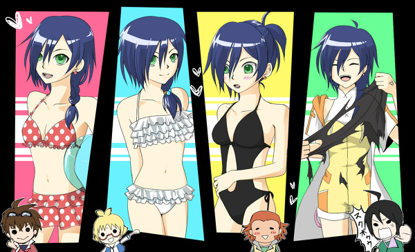 1girl, 4boys, bakugan, bakugan_battle_brawlers, bakugan_gundalian_invaders, bikini, blue_hair, fabia_sheen, green_eyes, image_sample, jake_vallory, kazami_shun, kuusou_danma, marukura_marucho, md5_mismatch, multiple_boys, pixiv_sample, resized, resolution_mismatch, smile, source_larger, swimsuit
