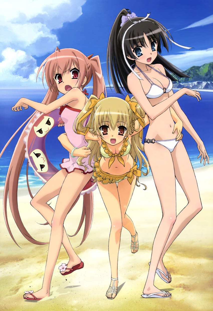 3girls, beach, bikini, black_hair, blonde_hair, blue_eyes, bow, breasts