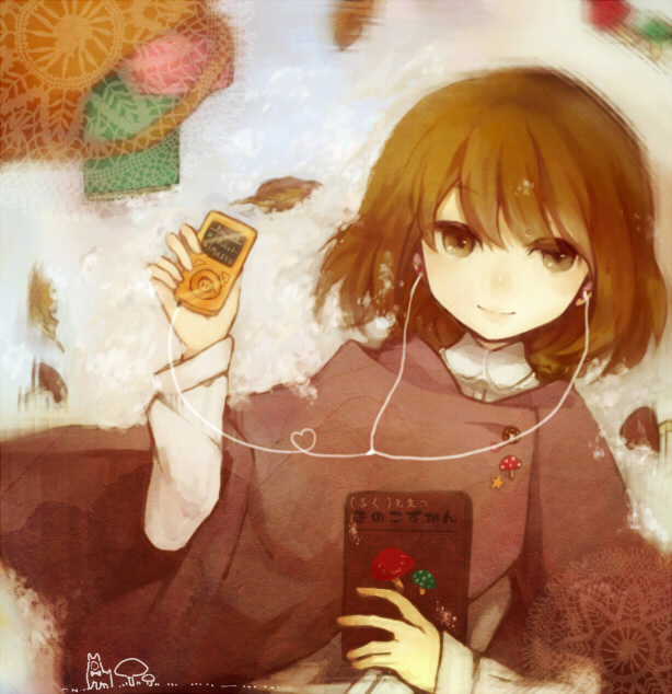 1girl, bad_id, bad_pixiv_id, book, brown_eyes, brown_hair, cloak, mp3_player