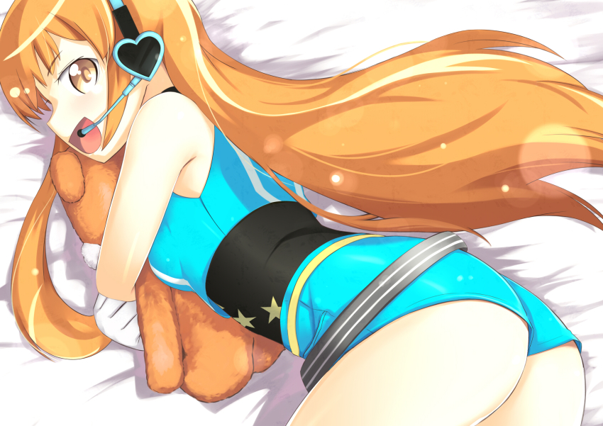 1girl, :d, amamiya_rizumu, ass, bare_shoulders, bed_sheet, belt, brown_eyes