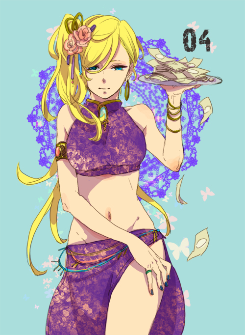 1girl, alternate_costume, alternate_hairstyle, aono_nachi, armlet, bare_shoulders, blonde_hair, blue_eyes, blue_nails, bracelet, china_dress, chinese_clothes, crop_top, dress, earrings, female_focus, fingernails, flower, groin, hair_flower, hair_ornament, hair_over_one_eye, jewelry, long_hair, looking_at_viewer, midriff, money, nail_polish, naruto_(classic), naruto_(series), navel, ponytail, ring, sarong, side_ponytail, side_slit, solo, yamanaka_ino