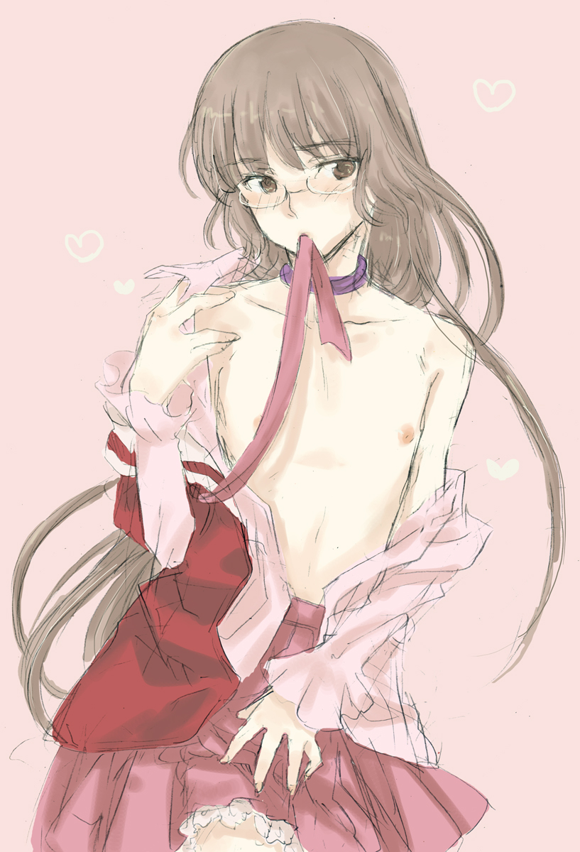 1boy, bad_id, bad_pixiv_id, blush, brown_eyes, brown_hair, choker, crossdressing, crossdressing_(mtf), flat_chest, glasses, heart, highres, kami_nomi_zo_shiru_sekai, katsuragi_keima, male_focus, mouth_hold, nipples, ribbon, school_uniform, serafuku, simple_background, skirt, solo, trap, tsun_(tsuncha), undressing