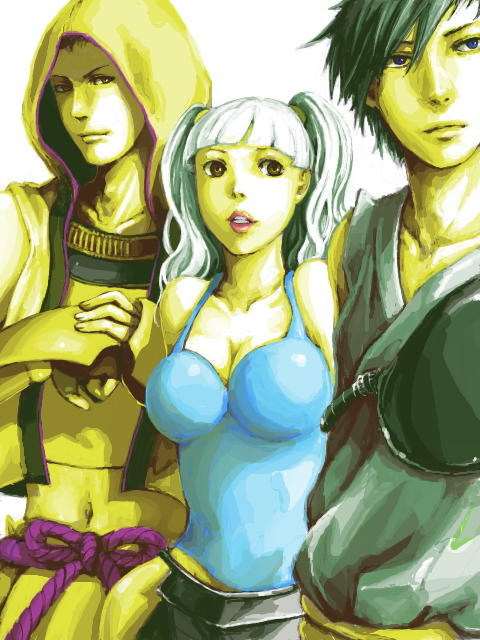 1girl, 2boys, aged_up, blue_hair, breasts, brown_hair, itsuki_(sengoku_basara), mori_ranmaru_(sengoku_basara)