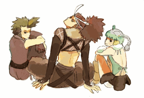 1girl, 2boys, blue_hair, brown_hair, child, itsuki_(sengoku_basara), lowres, mittens