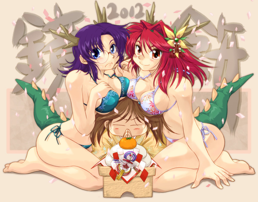 10s, 2012, 3girls, asymmetrical_docking, barefoot, bikini, blue_eyes, blue_hair
