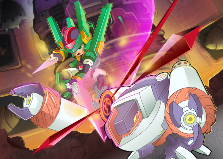 1boy, amputee, armor, artificial_wings, battle, bodysuit, boots, capcom, energy_sword, flammole_(mega_man), gloves, green_eyes, helmet, injury, mega_man_(series), mega_man_zx, model_hx_(mega_man), open_mouth, robot, severed_limb, sparks, sword, vent_(mega_man), vest, weapon