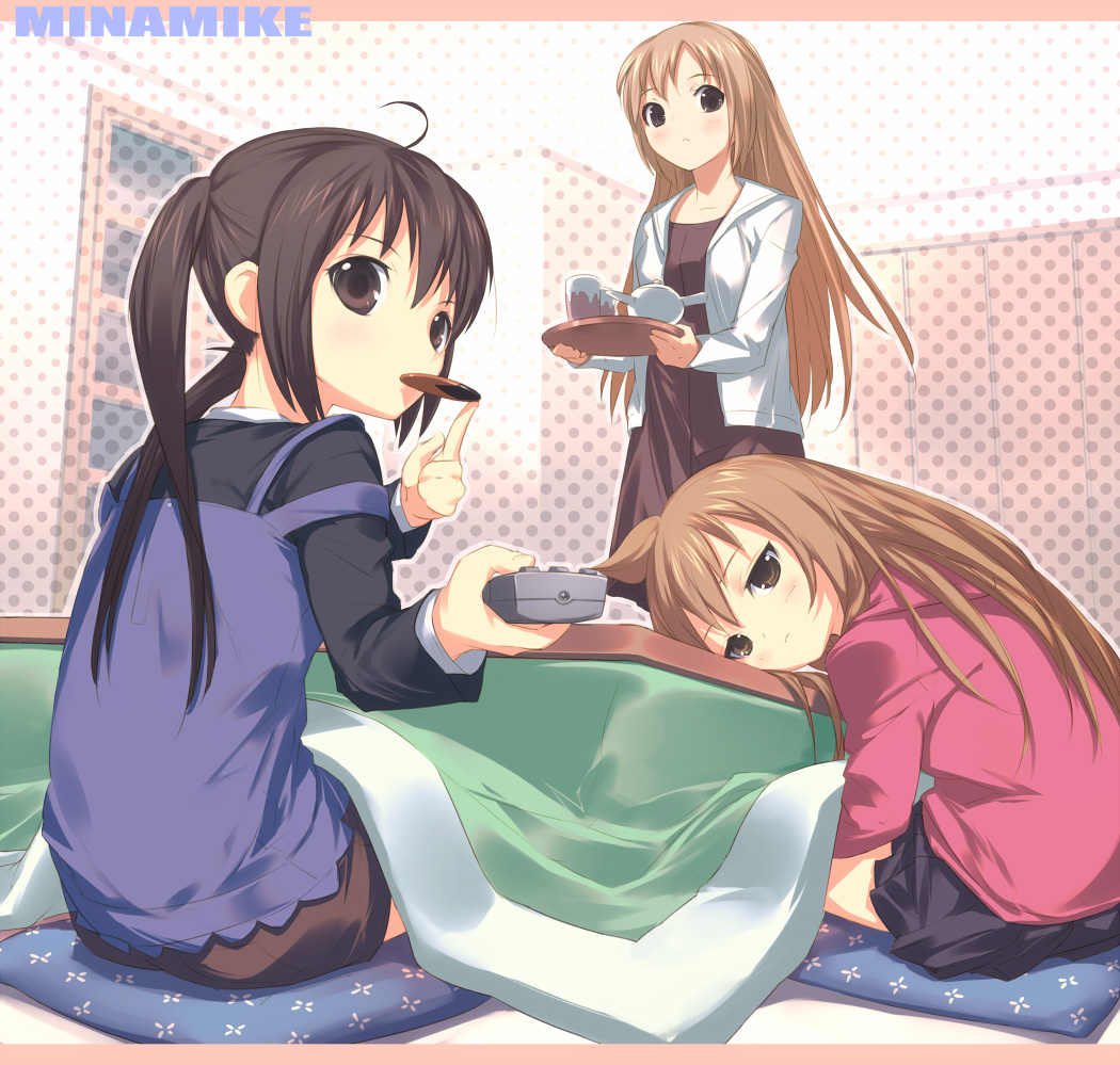 00s, 3girls, ahoge, brown_eyes, brown_hair, controller, cup, eating