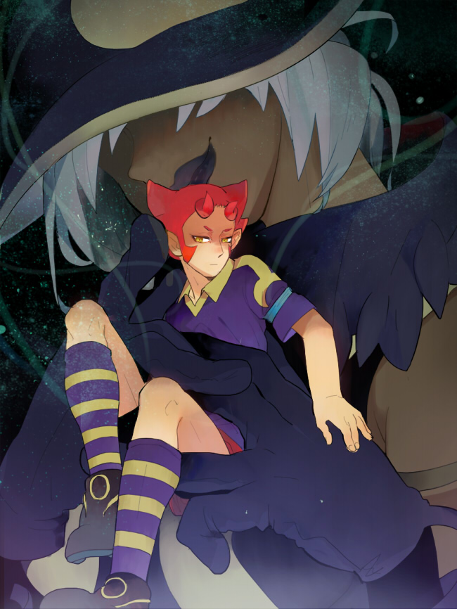 1boy, 1girl, armband, bad_id, bad_pixiv_id, dark_skin, dosei, gen'ei_no_daramangarasu