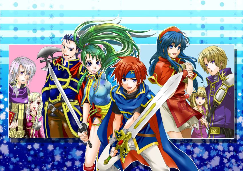 age_difference, armor, axe, blonde_hair, blue_eyes, blue_hair, book, boots