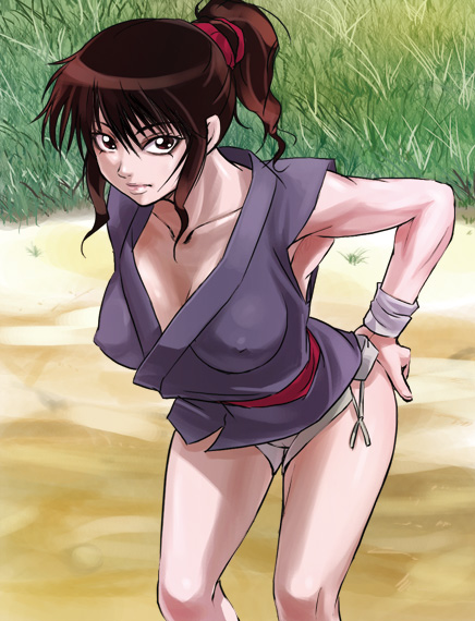 00s, 1girl, armpits, basilisk_(manga), breasts, brown_hair, collarbone, covered_erect_nipples, curvy, female_focus, hands_on_own_hips, haruyama_kazunori, large_breasts, lips, okoi, ponytail, solo
