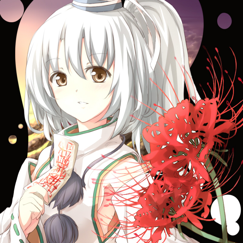 1girl, brown_eyes, detached_sleeves, female_focus, flower, hat, holding, holding_ofuda