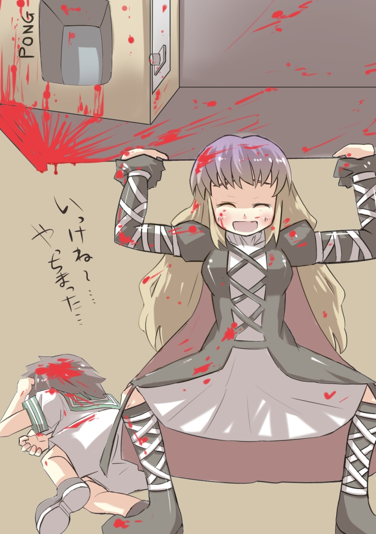 2girls, arcade_cabinet, blood, blood_in_hair, blood_on_clothes, closed_eyes, dress, dying