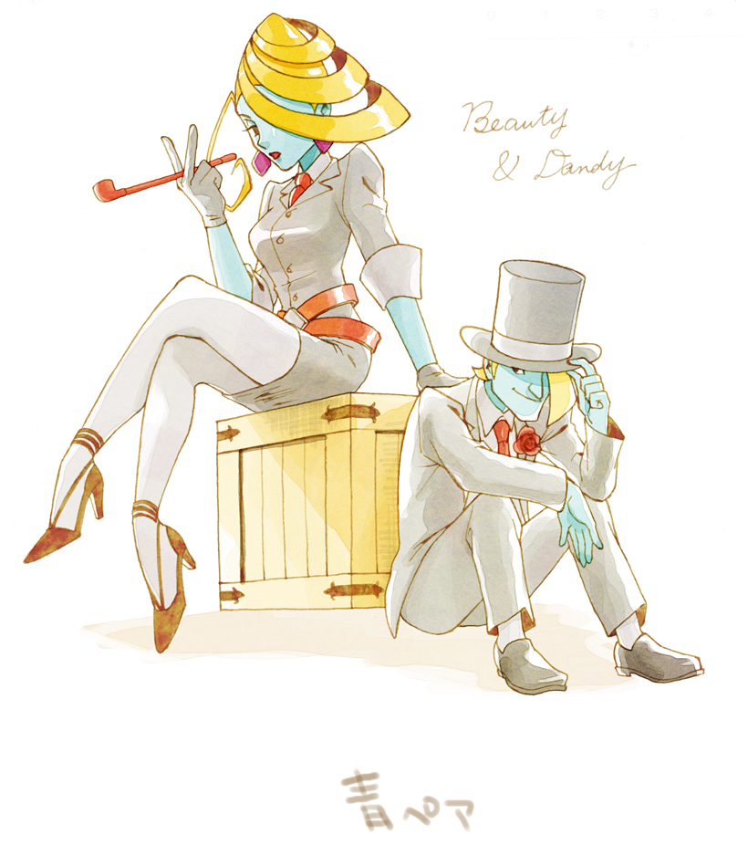 1boy, 1girl, adjusting_clothes, adjusting_headwear, ahoge, bad_id, bad_pixiv_id, beauty_(ghost_trick), belt, bibio, black_eyes, black_gloves, blonde_hair, blue_skin, character_name, colored_skin, crate, crossed_legs, dandy_(ghost_trick), dress, english_text, flower, formal_clothes, ghost_trick, gloves, hair_over_one_eye, hand_on_headwear, hat, high_heels, lipstick, makeup, necktie, pants, pantyhose, rose, shadow, shoes, short_dress, short_hair, signature, simple_background, sitting, smoking_pipe, suit, tuxedo, white_background