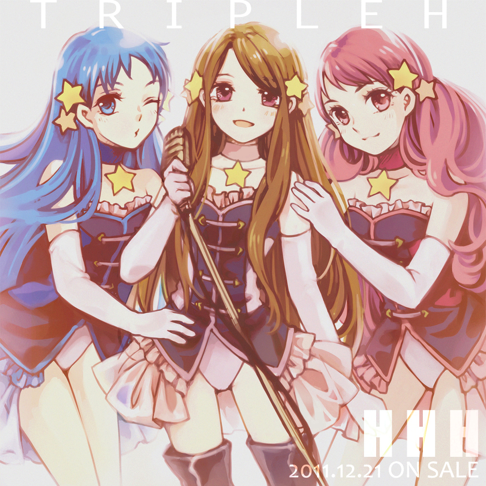 10s, 3girls, black_legwear, blue_eyes, blue_hair, brown_hair, choker, elbow_gloves