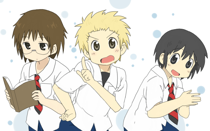 3boys, black_hair, blonde_hair, book, brown_eyes, brown_hair, dancing, danshi_koukousei_no_nichijou, glasses, green_eyes, hyadain_no_kakakata_kataomoi_-_c, kr96, male_focus, multiple_boys, necktie, nichijou, parody, pun, short_hair, skirt, style_parody, tabata_hidenori, tadakuni_(danshi_koukousei), tahata_hidenori, tanaka_yoshitake