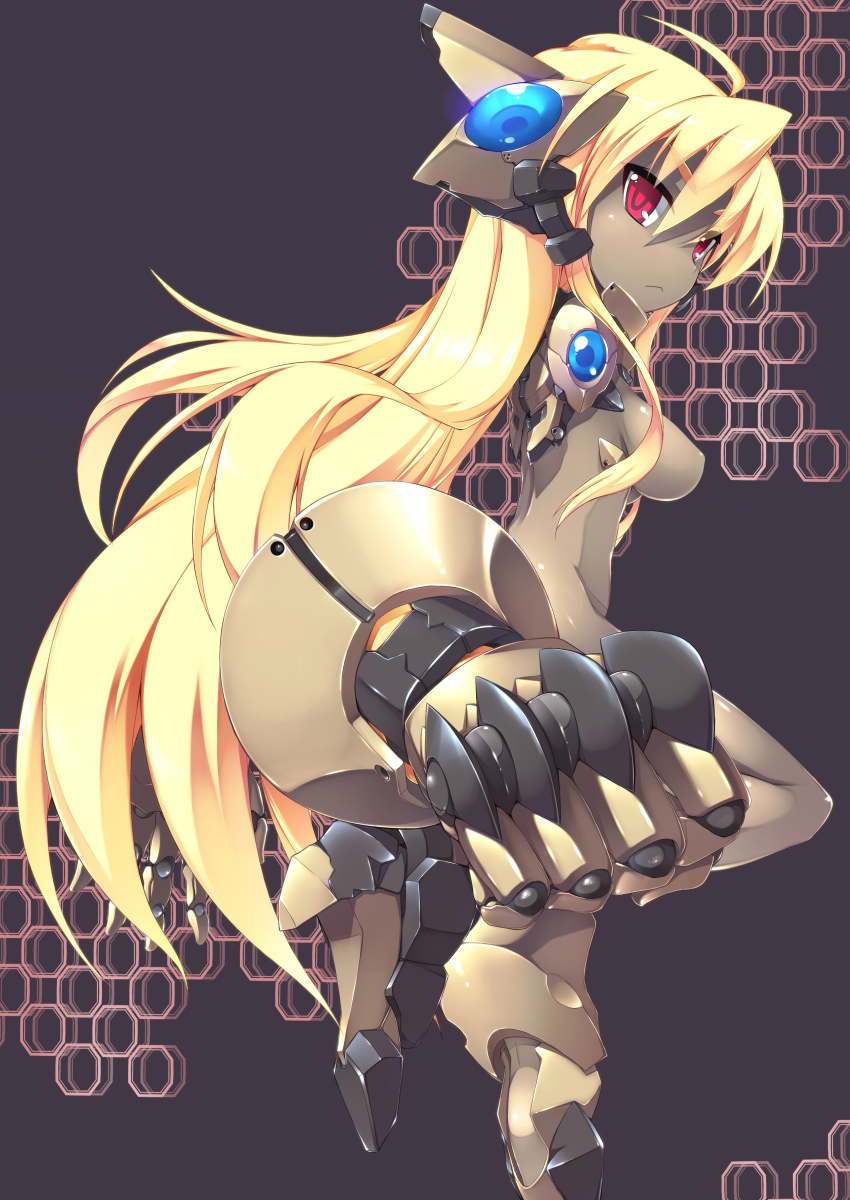 1girl, absurdres, ahoge, android, bad_id, bad_pixiv_id, blonde_hair, breasts, detached_arm, female_focus, highres, long_hair, looking_at_viewer, original, red_eyes, sideboob, small_breasts, solo, very_long_hair, wazuka, wazuka_ha_shine