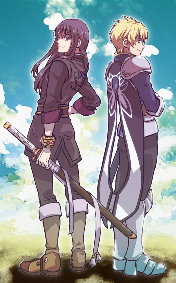 00s, 2boys, armor, black_eyes, black_hair, blonde_hair, blue_background, blue_eyes